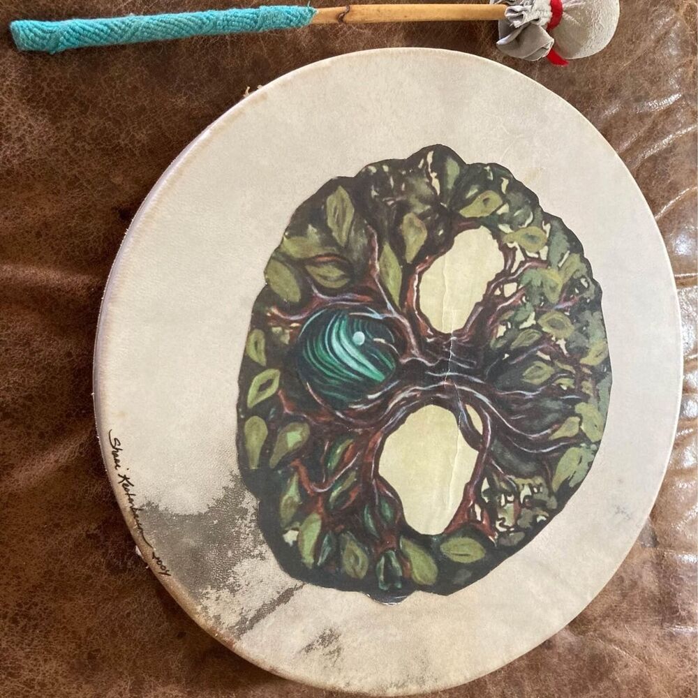 Artist Signed Stretched Animal Skin Drum Tree of Life Design With Drumstick